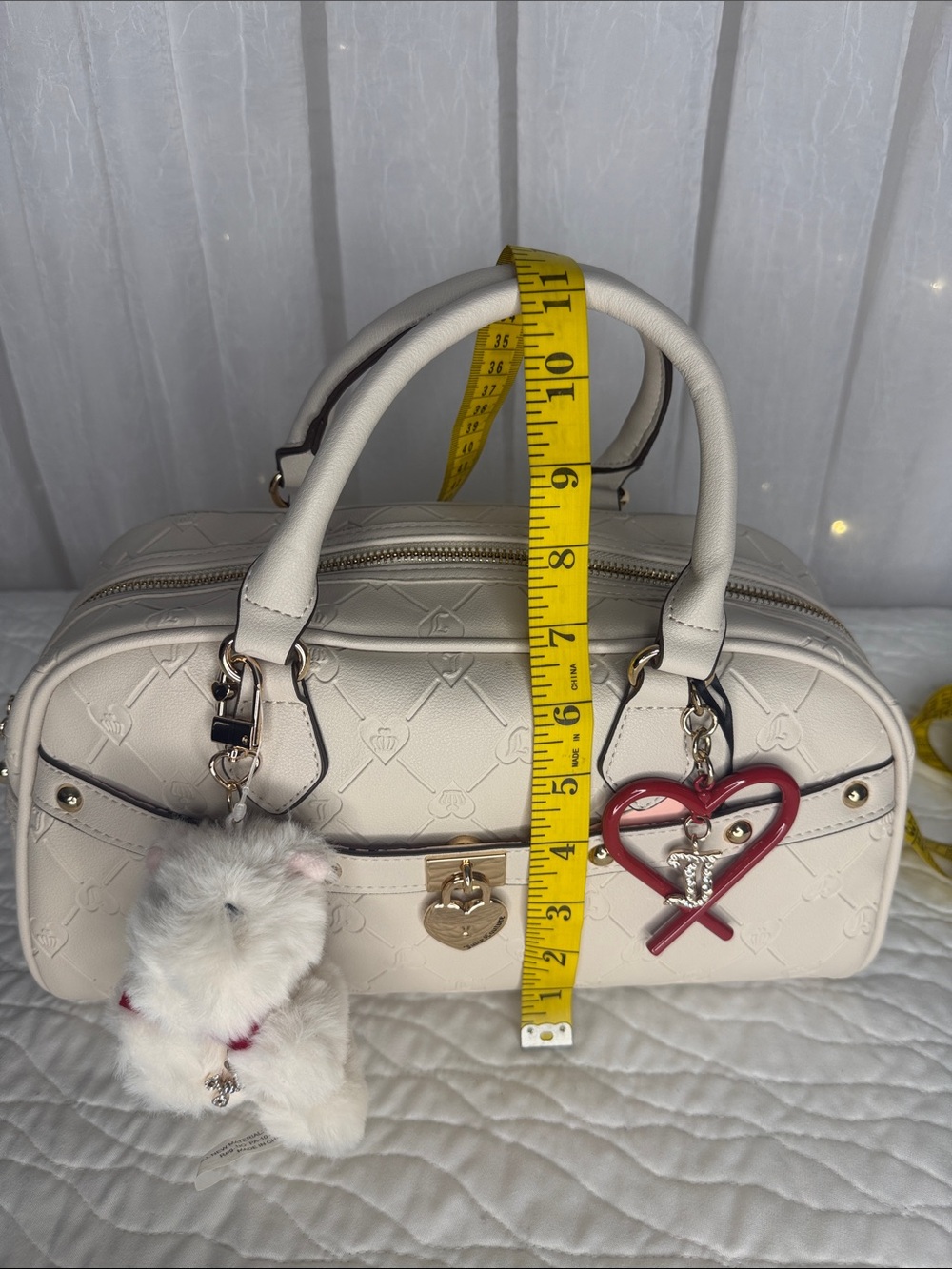 Juicy Couture Exclusive Beige Satchel with Red Heart and Bear Charm - Picture 15 of 16